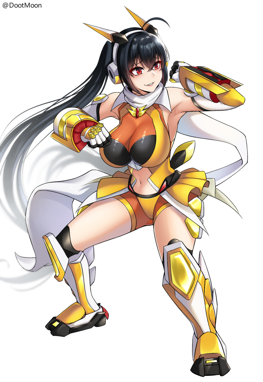 1girl, azur_lane, black_hair, breasts, cosplay, dootmoon, highres, large_breasts, lips, long_hair, looking_away, navel, parted_lips, red_eyes, senki_zesshou_symphogear, smile, solo, tachibana_hibiki_(symphogear), tachibana_hibiki_(symphogear)_(cosplay), taihou_(azur_lane), twintails, twitter_username, very_long_hair, voice_actor_connection, yuuki_aoi
