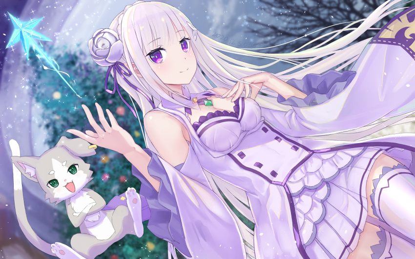 1girl, bare_shoulders, blunt_bangs, braid, christmas_tree, crown_braid, dress, emilia_(re:zero)