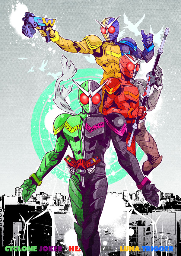 3boys, ambiente, belt, gun, kamen_rider, kamen_rider_double, kamen_rider_double_(cyclonejoker), kamen_rider_double_(heatmetal), kamen_rider_double_(lunatrigger), kamen_rider_w, kazama_tekunika, male_focus, multiple_boys, staff, weapon