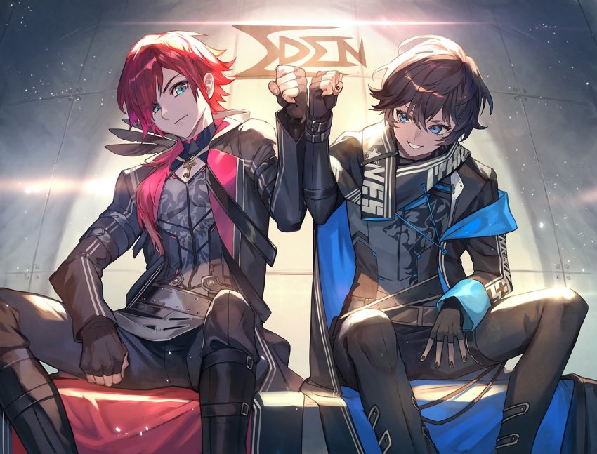 2boys, axia_krone, axia_krone_(1st_costume), black_gloves, black_hair, black_jacket, black_nails, black_pants