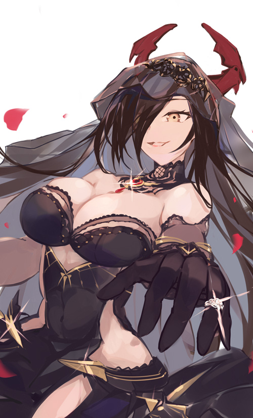 1girl, azur_lane, bare_shoulders, black_dress, black_gloves, black_hair, black_veil, breasts