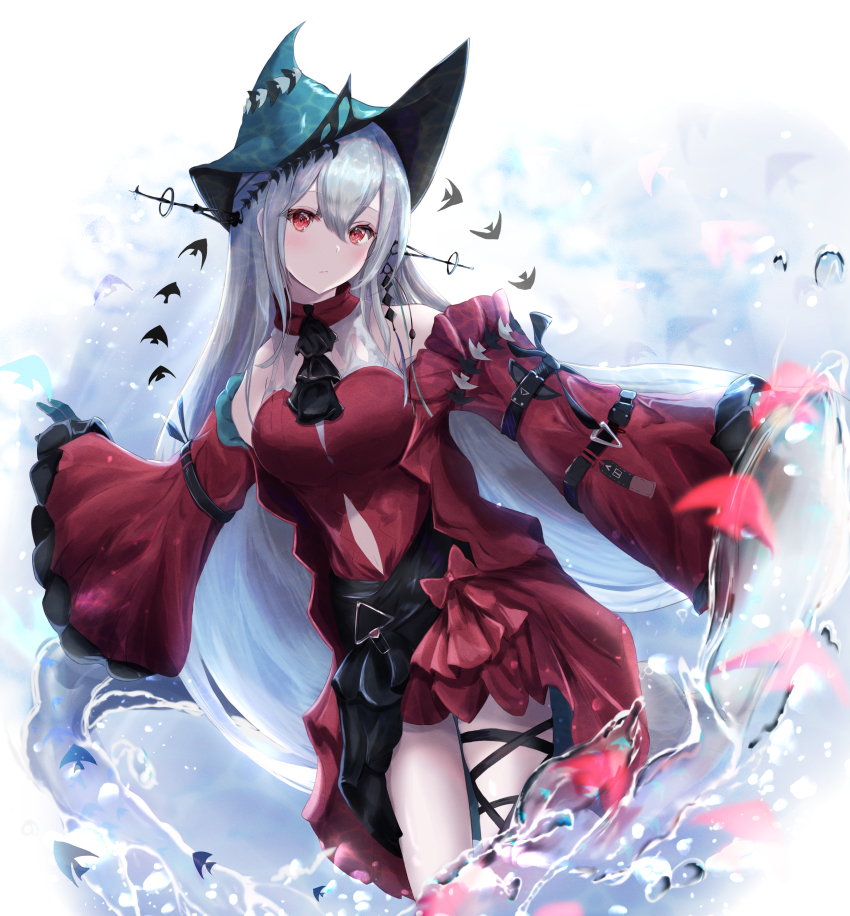 1girl, absurdres, aqua_gloves, aqua_hat, arknights, ascot, bare_shoulders, black_ascot