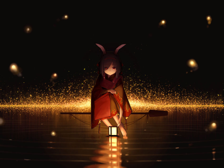 1girl, animal_ears, asymmetrical_bangs, azur_lane, barefoot, black_kimono, eyes_visible_through_hair, fake_animal_ears, full_body, highres, japanese_clothes, kimono, oar, rabbit_ears, red_eyes, reflection, reflective_liquid, ripples, shiranui_(azur_lane), shiranui_(retrofit)_(azur_lane), sitting, solo, water, wide_sleeves, yohia