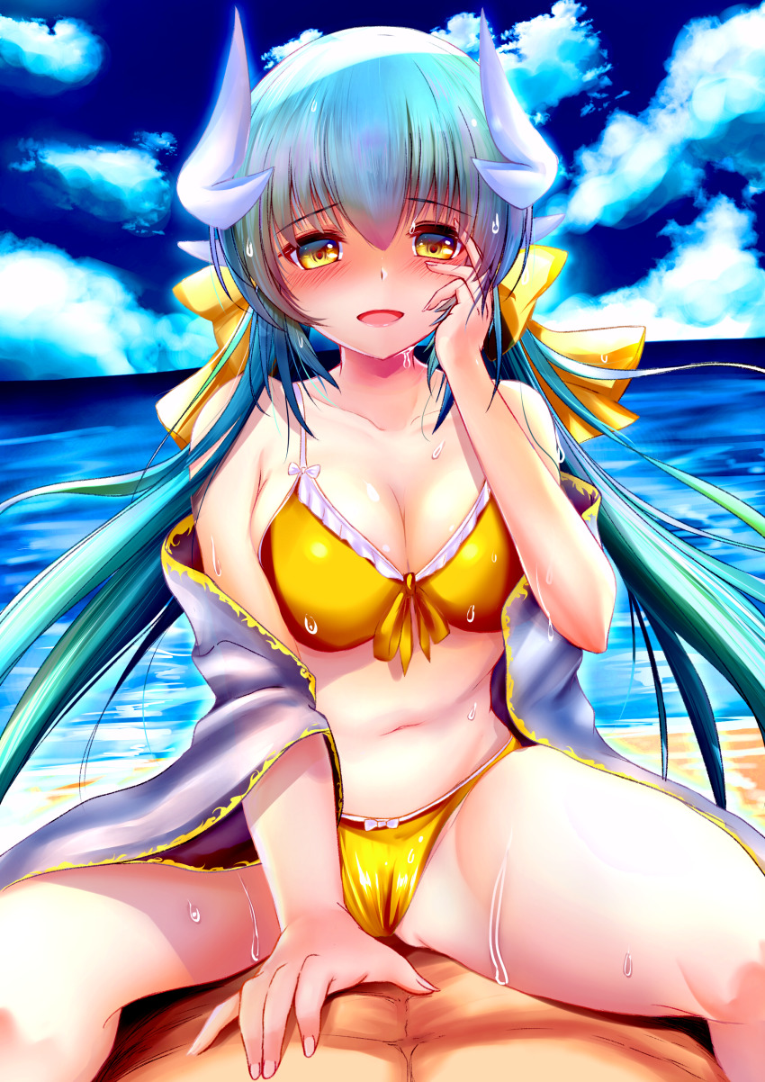 1girl, :d, absurdres, bare_shoulders, bikini, blush, bow, breasts, cleavage, cloud, collarbone, dragon_girl, dragon_horns, fate/grand_order, fate_(series), green_hair, hand_on_own_face, highres, horns, izumikuu, kiyohime_(fate), kiyohime_(swimsuit_lancer)_(first_ascension)_(fate), long_hair, looking_at_viewer, low_twintails, medium_breasts, midriff, multiple_horns, navel, open_mouth, revision, smile, solo_focus, straddling, swimsuit, twintails, very_long_hair, yellow_bikini, yellow_bow, yellow_eyes