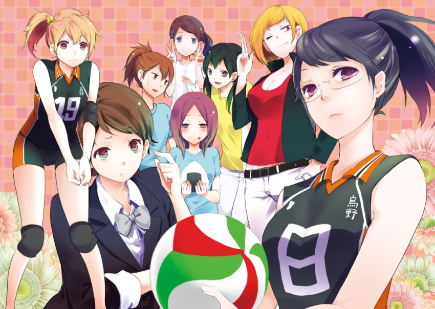6+girls, :d, :p, ball, belt, black_hair, blonde_hair, bow, bowtie, breasts, brown_hair, cleavage, double_v, food, glasses, haikyuu!!, holding, holding_ball, holding_food, large_breasts, long_hair, medium_breasts, michimiya_yui, miyanoshita_eri, multiple_girls, one_eye_closed, onigiri, open_mouth, otaki_mako, playing_sports, school_uniform, shimizu_kiyoko, shirofuku_yukie, shirt, short_hair, small_breasts, smile, sportswear, suzumeda_kaori, tanaka_saeko_(haikyuu!!), tongue, tongue_out, v, volleyball, volleyball_(object), volleyball_uniform, wink, yachi_hitoka, yuukimona