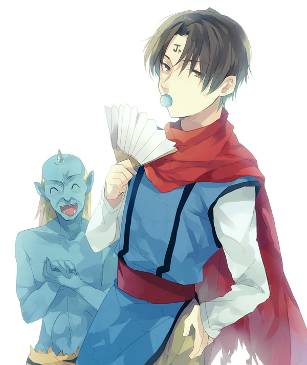 2boys, 88_(kimidori_midori), bad_id, bad_pixiv_id, blue_skin, cape, colored_skin, demon
