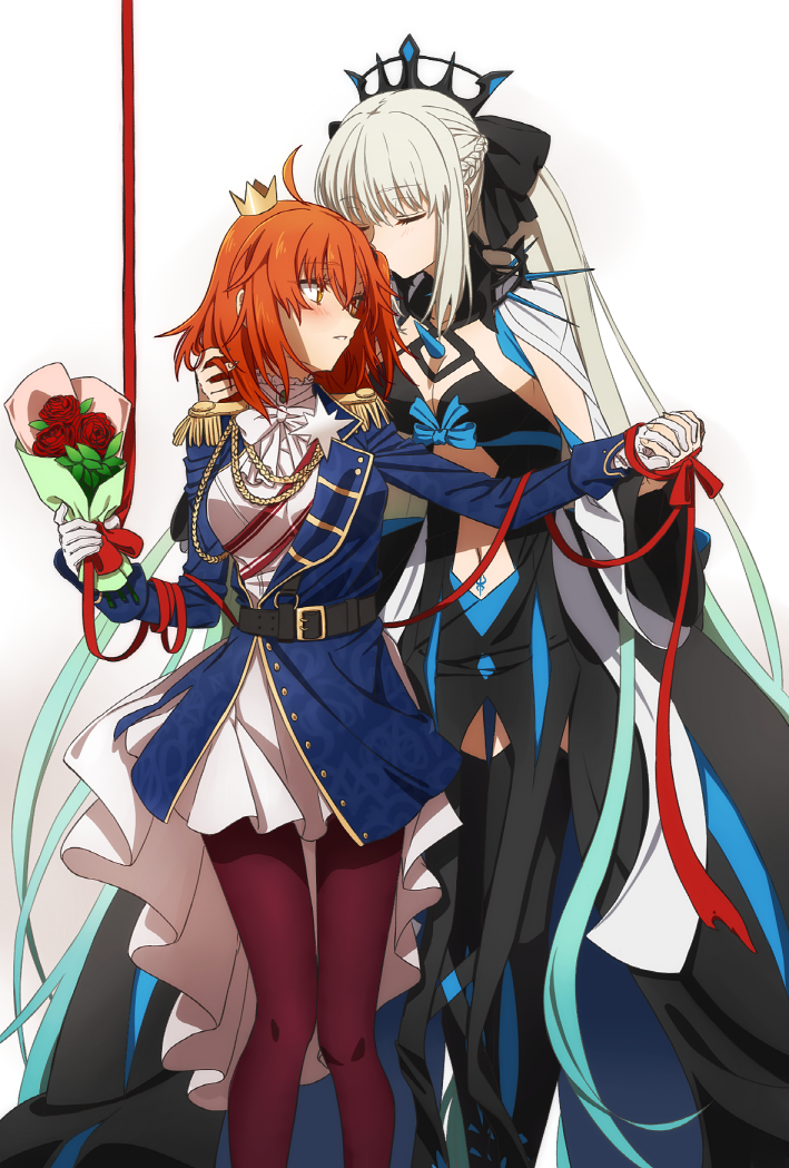 2girls, ahoge, belt, belt_buckle, black_bow, black_dress, black_footwear, blush, boots, bouquet, bow, braid, breasts, buckle, center_opening, cleavage, closed_eyes, crown, dress, fate/grand_order, fate_(series), flower, fujimaru_ritsuka_(female), fujimaru_ritsuka_(female)_(halloween_royalty), gloves, grey_hair, hair_bow, hair_ornament, hair_scrunchie, half_up_braid, halloween_royalty, hand_in_another's_hair, holding_hands, interlocked_fingers, kiss, kissing_hair, large_breasts, long_hair, long_sleeves, looking_to_the_side, medium_breasts, mini_crown, morgan_le_fay_(fate), morgan_le_fay_(third_ascension)_(fate), multiple_girls, navel, official_alternate_costume, one_side_up, orange_eyes, orange_hair, pelvic_curtain, ponytail, rose, scrunchie, short_hair, sidelocks, stomach_tattoo, tattoo, thigh_boots, thighhighs, thighs, two-tone_dress, very_long_hair, white_dress, white_gloves, wide_sleeves, yuri, yuyu_(oiun461)