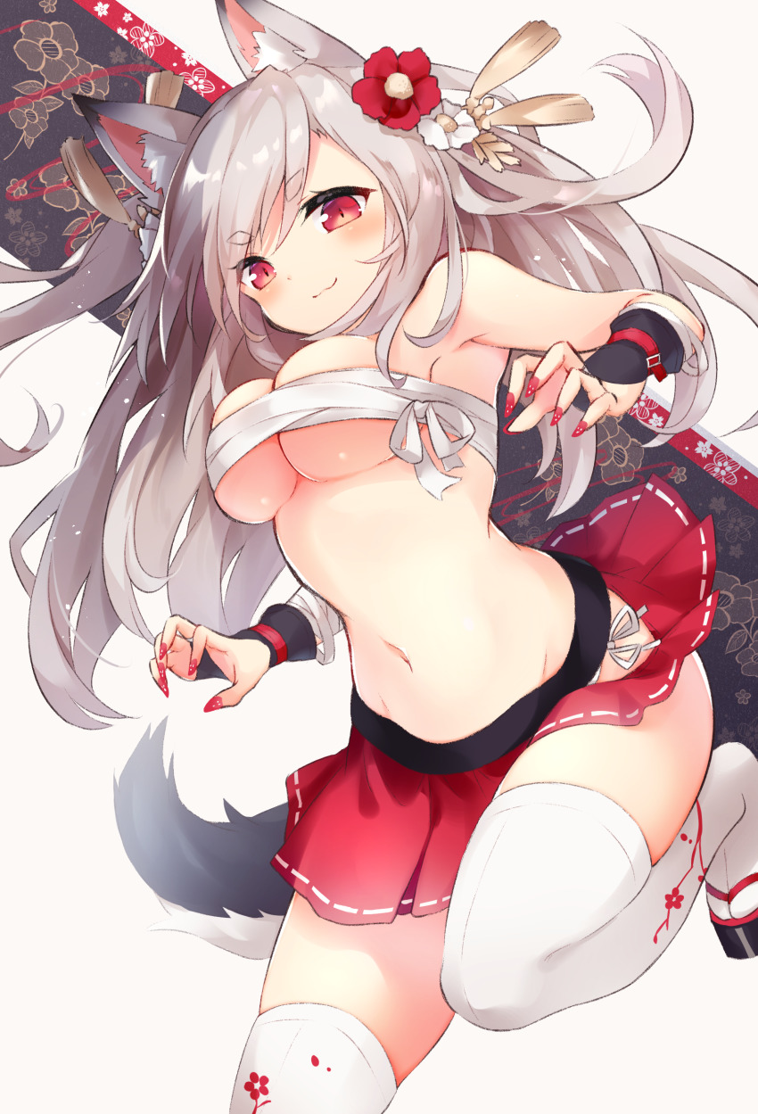 1girl, absurdres, animal_ear_fluff, animal_ears, armpits, azur_lane, bare_shoulders, blush, breasts, bridal_gauntlets, budget_sarashi, chest_sarashi, clothing_cutout, diieru, dog_ears, dog_girl, dog_tail, fingernails, flower, hair_between_eyes, hair_flower, hair_ornament, highres, hip_vent, large_breasts, long_fingernails, long_hair, miniskirt, nail_polish, official_alternate_costume, panties, platform_sandals, print_thighhighs, red_eyes, sandals, sarashi, short_eyebrows, side-tie_panties, silver_hair, skirt, slit_pupils, smile, socks, solo, stomach, tail, tassel, tassel_hair_ornament, thick_eyebrows, thigh_strap, thighhighs, thighs, underwear, white_background, white_socks, white_thighhighs, yuudachi_(azur_lane), yuudachi_(shogun_of_snowballs)_(azur_lane), zettai_ryouiki