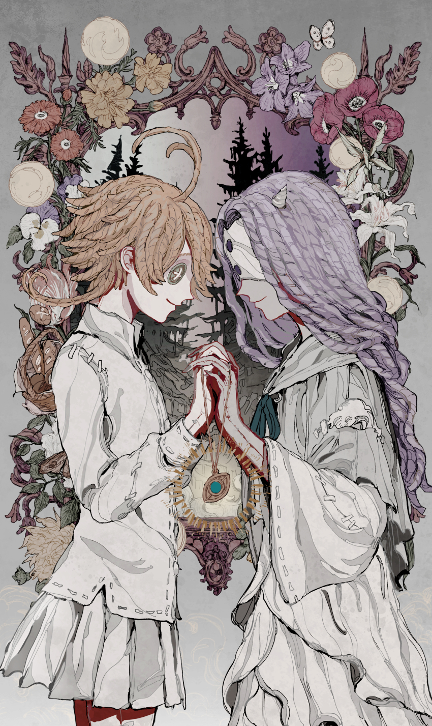 2girls, absurdres, ahoge, basket, bread, button_eyes, buttons, commentary_request, dress, emma_(yakusoku_no_neverland), emphasis_lines, flower, flower_request, food, gradient_sky, green_eyes, grey_background, grey_sky, highres, holding, holding_jewelry, holding_necklace, horns, identity_v, jewelry, layered_dress, long_hair, long_sleeves, looking_at_another, mask, mirror, multiple_girls, musica_(yakusoku_no_neverland), necklace, orange_hair, pine_tree, profile, purple_flower, purple_hair, purple_sky, red_flower, reflection, shirt, short_hair, simple_background, skirt, sky, smile, tree, upper_body, white_dress, white_flower, white_shirt, white_skirt, yakusoku_no_neverland, yellow_flower, yuko_(foret_noire)