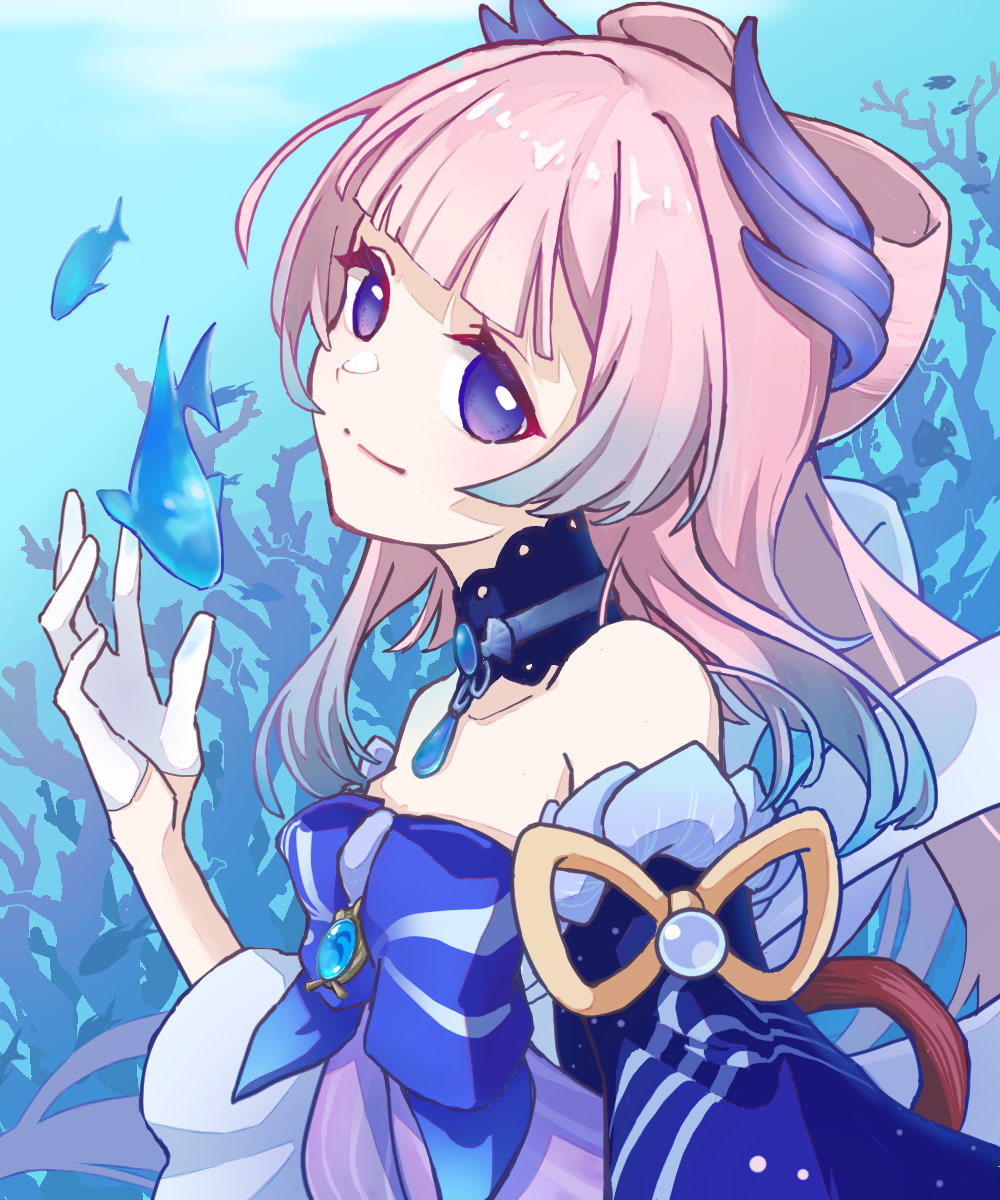 1girl, blunt_bangs, bow, collarbone, commentary_request, detached_sleeves, fish, genshin_impact