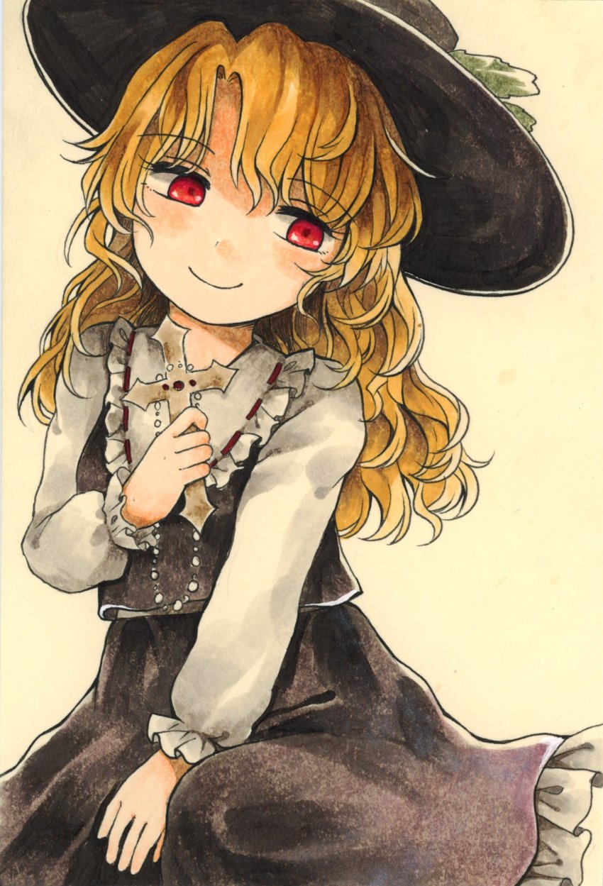 1girl, black_hat, black_skirt, black_vest, blonde_hair, cross, extra, frilled_shirt_collar