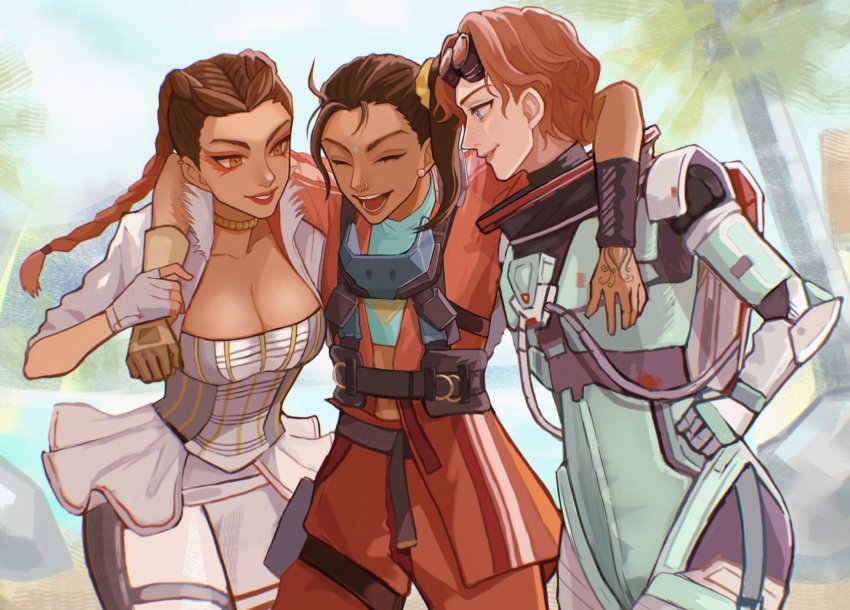 3girls, 4o3o, animification, apex_legends, blue_eyes, braid, breasts, cleavage, closed_eyes, corset, cropped_jacket, dark-skinned_female, dark_skin, earrings, eyeshadow, facial_mark, forehead_mark, gold_choker, gradient_hair, hair_behind_ear, highres, horizon_(apex_legends), jacket, jewelry, loba_(apex_legends), makeup, medium_hair, multicolored_hair, multiple_girls, open_mouth, orange_eyes, palm_tree, pants, rampart_(apex_legends), red_eyeshadow, short_hair, side_ponytail, skirt, smile, tree, twin_braids, white_jacket, white_pants, white_skirt
