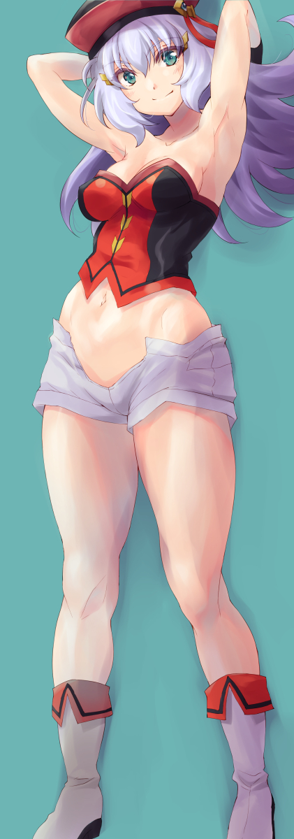 1girl, aqua_background, aqua_eyes, arms_behind_head, bare_shoulders, boots, breasts, cleavage