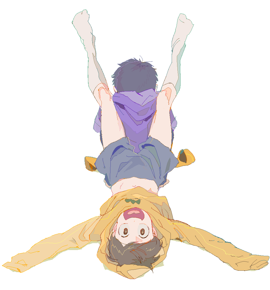 2boys, :d, arms_up, black_hair, blue_shorts, bright_pupils, brothers, brown_eyes, brown_hair, facing_away, from_behind, full_body, happy, heart, heart_in_mouth, hood, hood_down, hood_up, hoodie, jaggy_lines, kneehighs, looking_at_viewer, lying, male_focus, matsu_symbol, matsuno_ichimatsu, matsuno_jyushimatsu, messy_hair, midriff, multiple_boys, navel, no_shoes, on_back, open_mouth, osomatsu-kun, osomatsu-san, osomatsu_(series), outstretched_arms, print_hoodie, purple_hoodie, qqmng, shoe_soles, shorts, siblings, simple_background, sitting, slippers, smile, socks, spread_arms, straight-on, swept_bangs, tongue, unworn_slippers, upside-down, white_background, yellow_hoodie, yellow_pupils, yellow_slippers