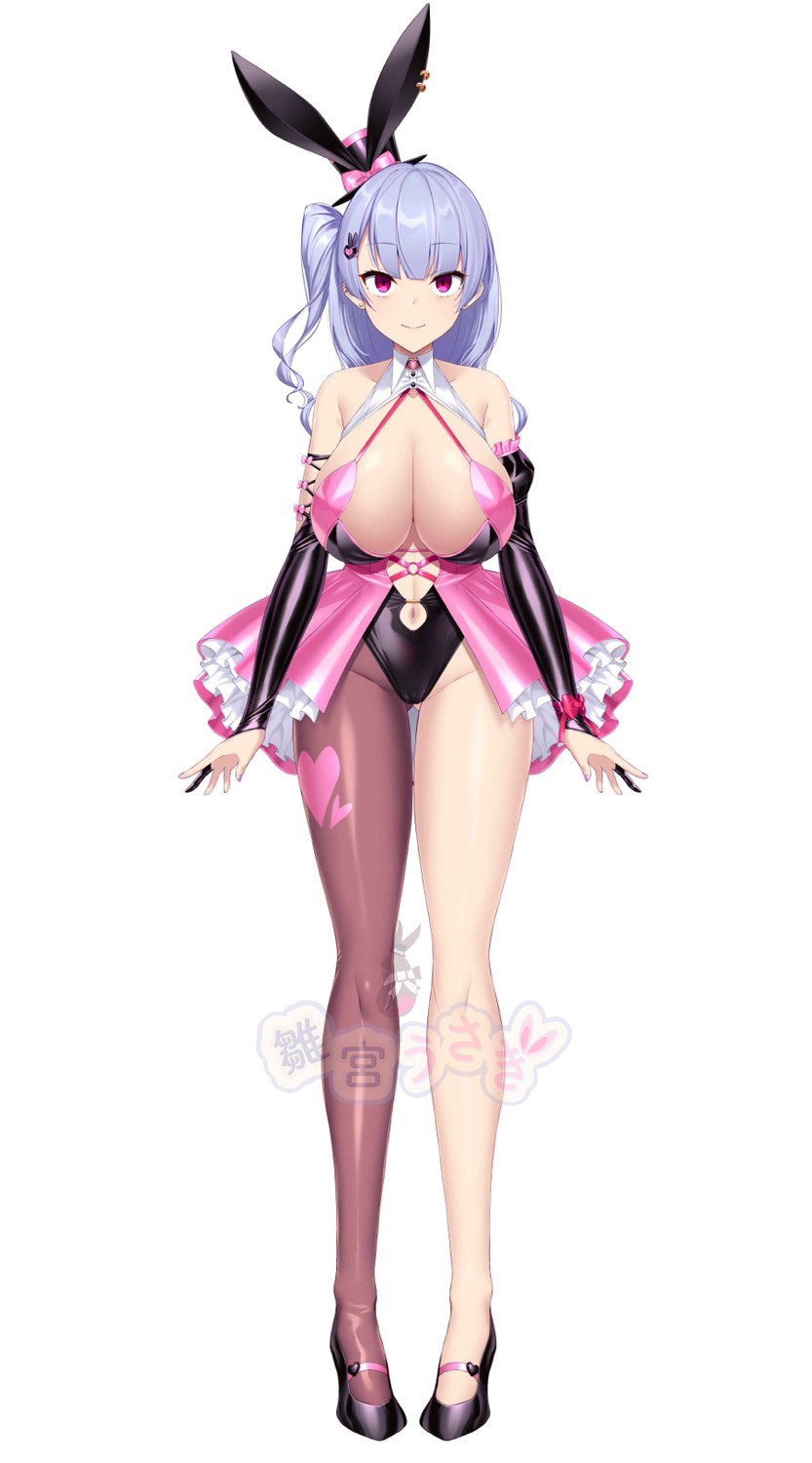 1girl, blue_hair, breasts, bridal_gauntlets, cleavage, clothing_cutout, full_body, hair_ornament, highres, huge_breasts, indie_virtual_youtuber, leotard, looking_at_viewer, nail_polish, navel_cutout, pink_eyes, satou_kuuki, short_hair, side_ponytail, smile, solo, usagi_hinamiya, virtual_youtuber