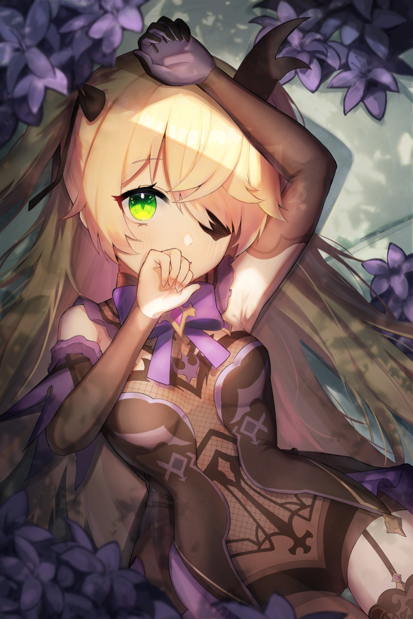 1girl, arm_up, bare_shoulders, black_ribbon, blonde_hair, blush, breasts, covering_own_mouth