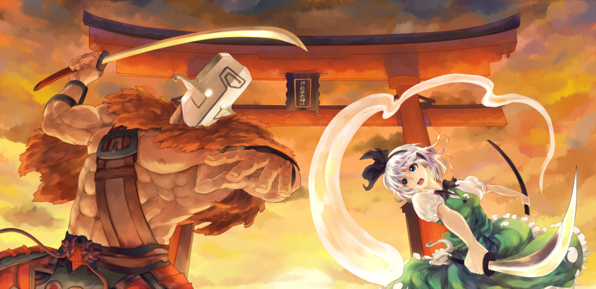 1boy, 1girl, abs, black_bow, black_bowtie, bow, bowtie, cape