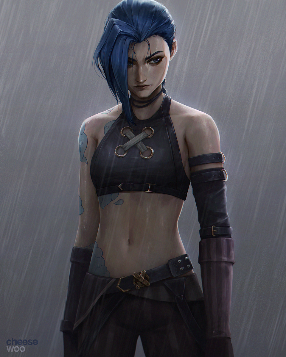 1girl, arcane:_league_of_legends, arcane_jinx, arm_tattoo, artist_name, bare_shoulders, belt, black_pants, blue_eyes, blue_hair, breasts, cheesewoo, closed_mouth, cloud_tattoo, detached_sleeves, gloves, grey_background, highres, jinx_(league_of_legends), league_of_legends, long_hair, navel, pants, rain, shiny_skin, shoulder_tattoo, small_breasts, solo, stomach, stomach_tattoo, tattoo