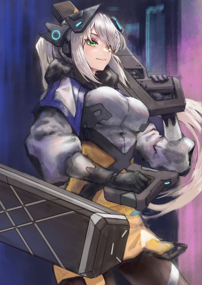 1girl, baretta_(world_flipper), black_gloves, black_pantyhose, breasts, capelet, closed_mouth, container