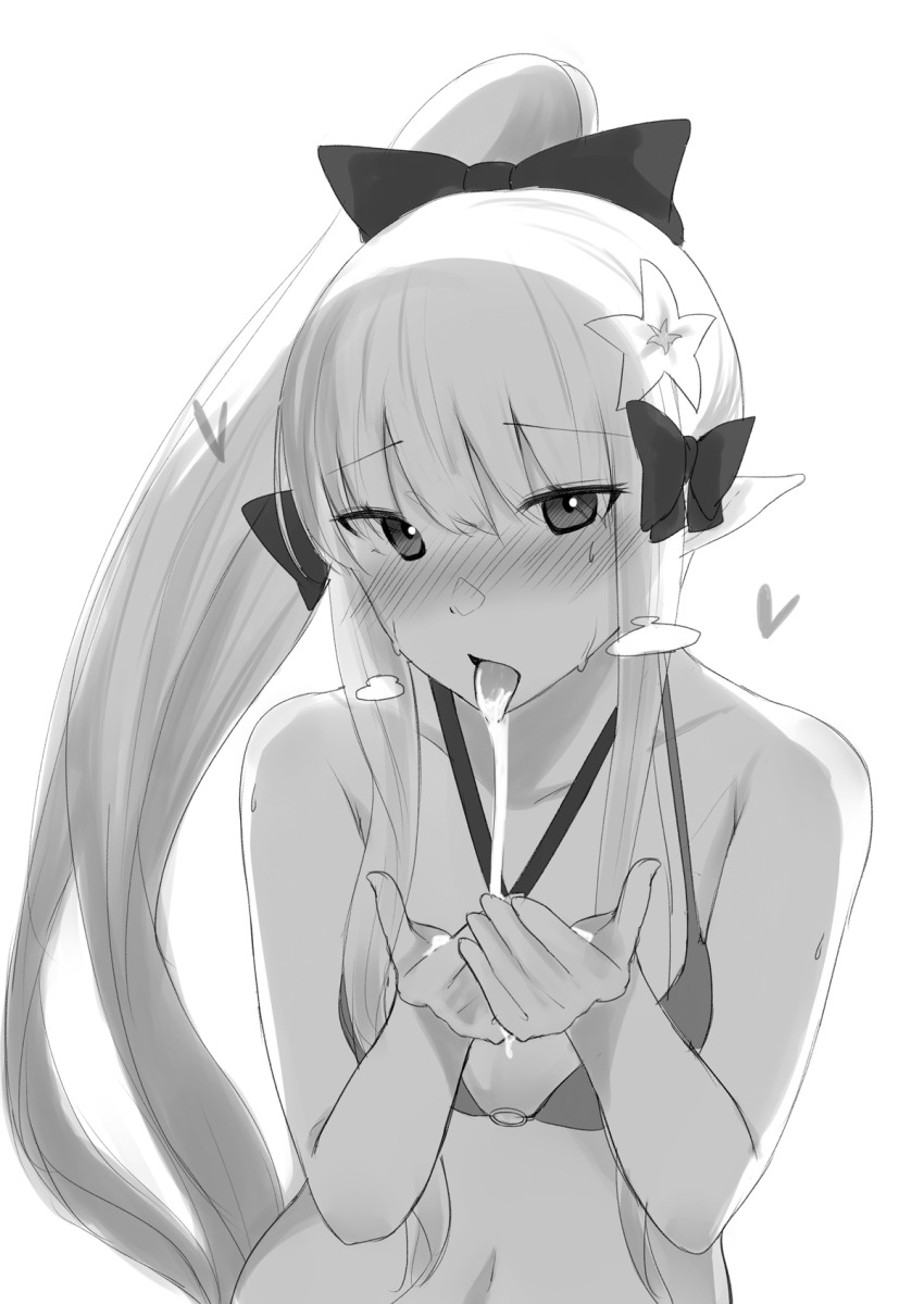 1girl, blush, breasts, elf, hair_ornament, highres, large_breasts, monochrome