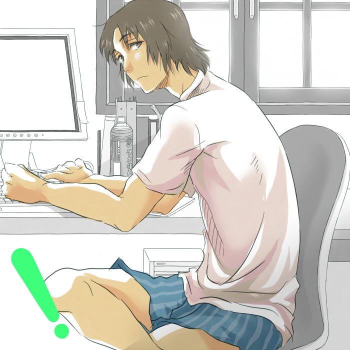 !, 1boy, 92_(artist), bad_id, bad_pixiv_id, black_hair, boxers, computer, indoors, computer_keyboard, looking_at_viewer, looking_back, male_focus, male_underwear, mr._koiwai, shirt, solo, t-shirt, underwear, yotsubato!