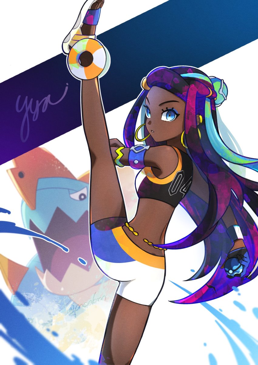 1girl, armlet, belly_chain, bike_shorts, blue_eyes, blue_eyeshadow, commentary_request, dark-skinned_female