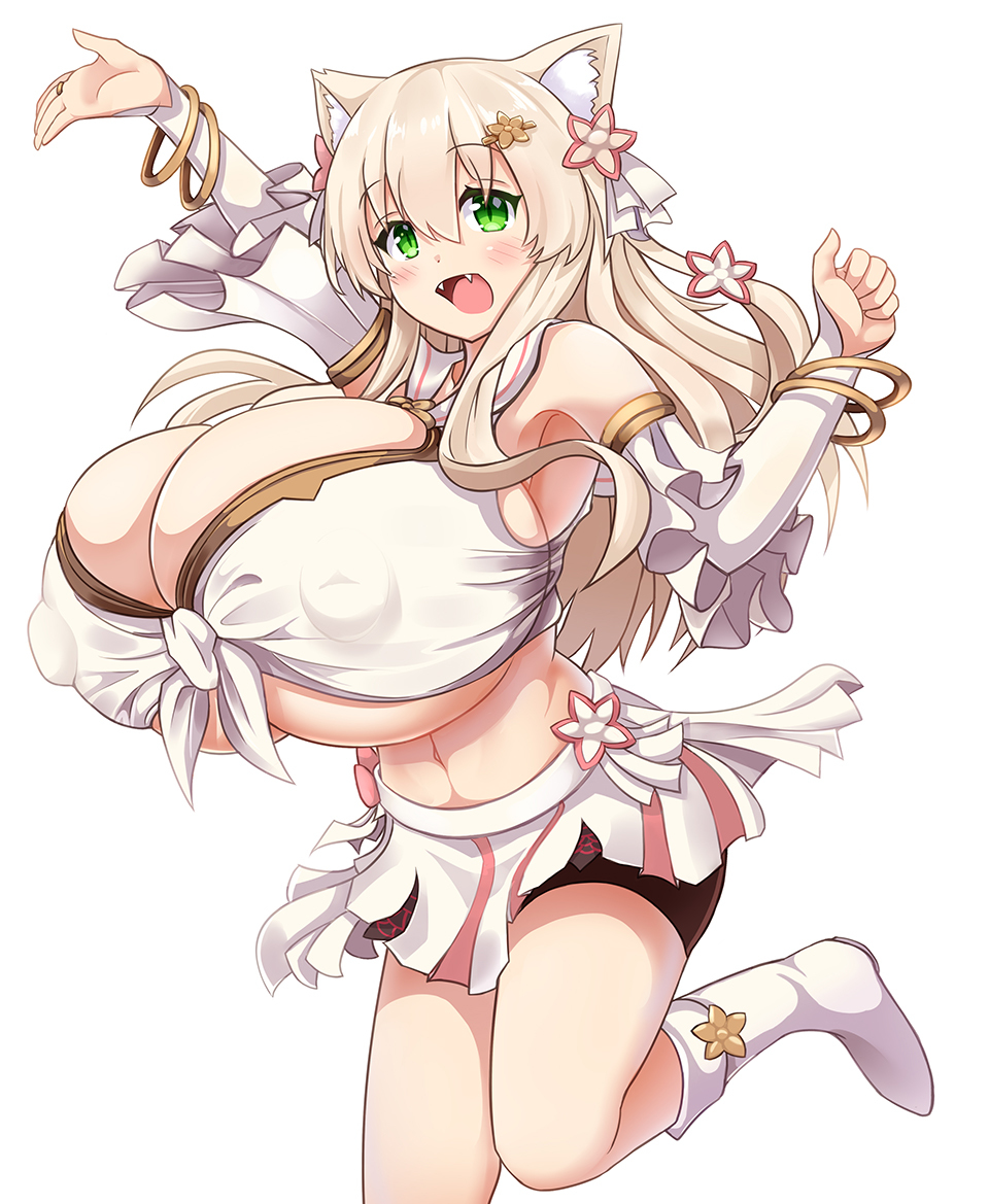 1girl, animal_ears, blonde_hair, breasts, bursting_breasts, cleavage, covered_erect_nipples, fangs, gigantic_breasts, gloves, green_eyes, huge_breasts, long_hair, open_mouth, roshi_chen, smile, solo