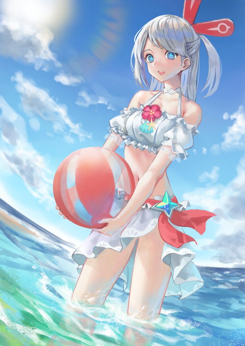 +_+, 1girl, ball, bare_shoulders, beach, beachball, bikini, blue_eyes