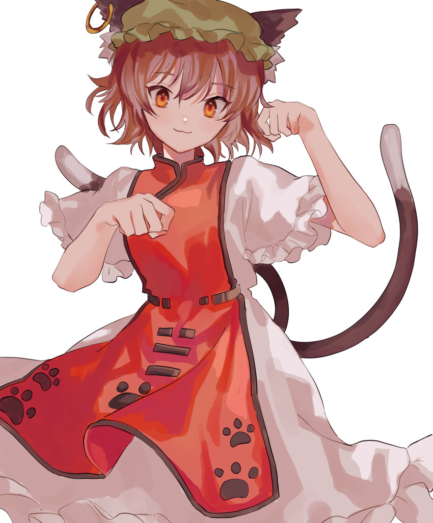 1girl, absurdres, animal_ears, brown_hair, cat_ears, cat_tail, chen, closed_mouth