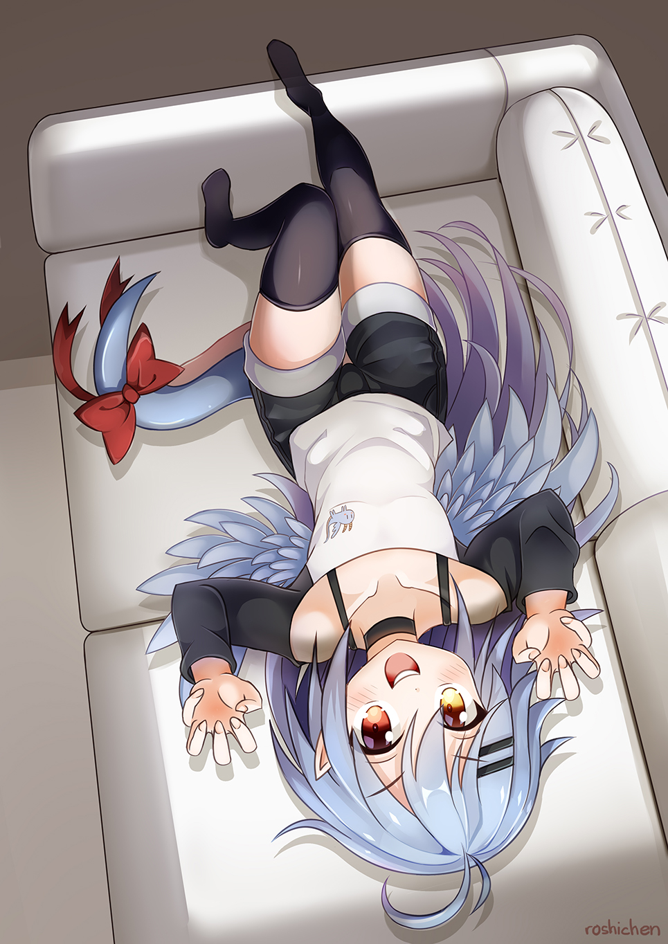black_choker, blue_hair, bow, bowtie, child, choker, claw_pose, couch