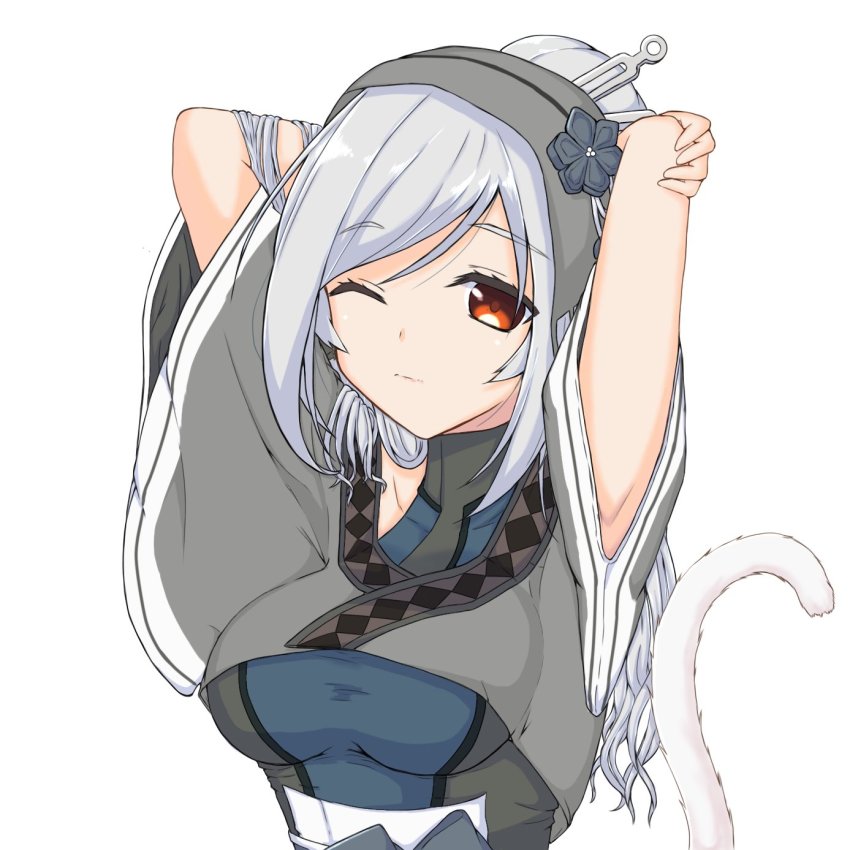 1girl, ainu_clothes, aquaplus, arm_grab, armpits, arms_behind_head, blush, breasts