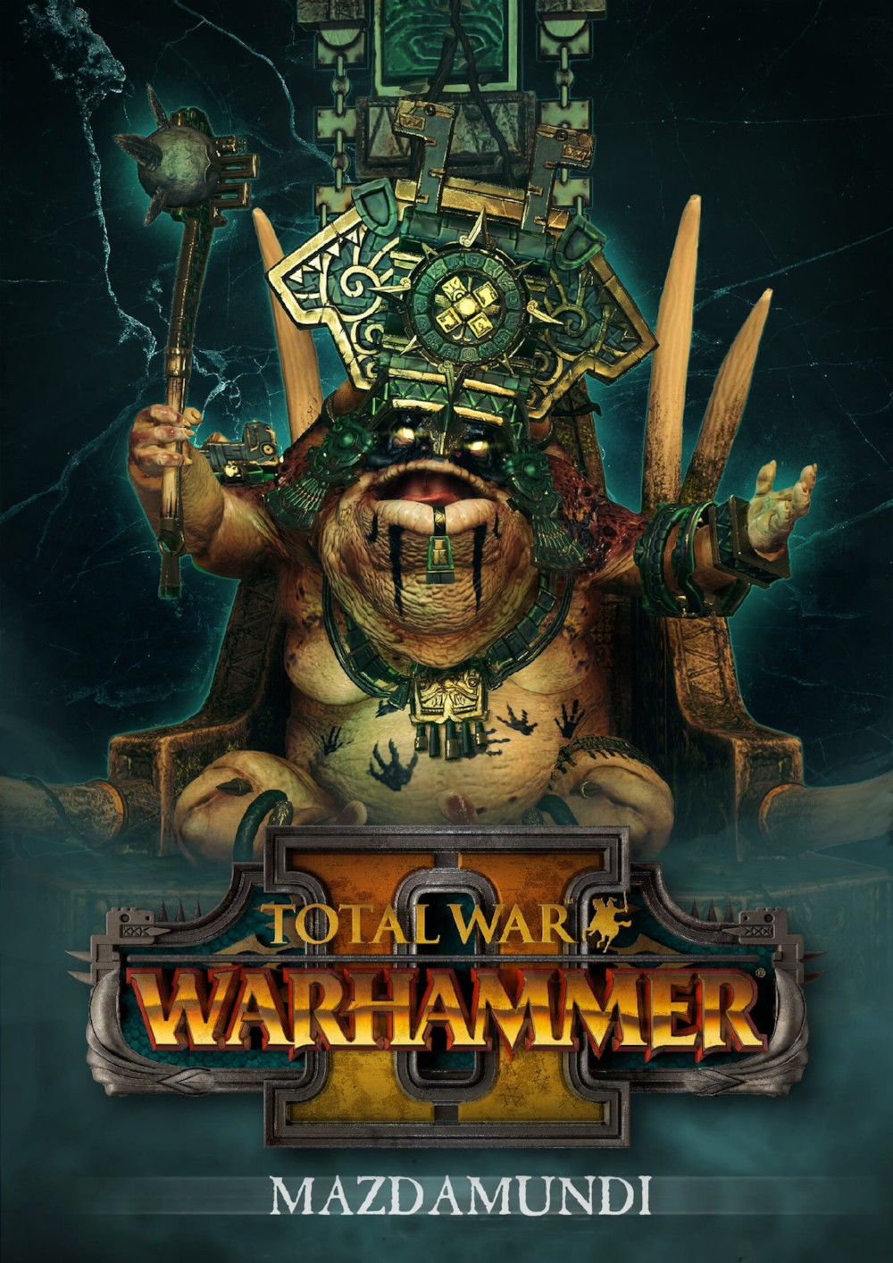 1boy, aztec, bodypaint, character_name, club_(weapon), convenient_censoring, copyright_name, facepaint, facing_viewer, flintstone, full_body, garaetteok, gender_request, handprint, headdress, highres, holding, holding_weapon, indian_style, lizardman_(warhammer_fantasy), looking_at_viewer, mace, maya_(culture), mazdamundi, nude, scepter, sitting, slann, snake_armband, solo, throne, tribal, warhammer_fantasy, weapon