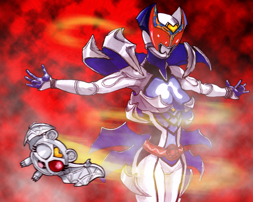 1girl, :d, armor, belt, blue_gloves, bodysuit, breasts, cowboy_shot, creature, fangs, flying, foreshortening, gloves, heart, helmet, heterochromia, kaeru_boiler, kamen_rider, kamen_rider_dcd, kamen_rider_kivala, kivala, medium_breasts, motion_blur, open_mouth, outstretched_arms, red_eyes, grey_eyes, skin_tight, smile, standing