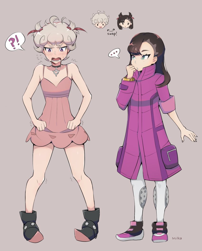 !?, ..., 1boy, 1girl, ahoge, arrow_(symbol), bare_arms, bede_(pokemon), bede_(pokemon)_(cosplay), black_hair, black_nails, blonde_hair, blue_eyes, blush, brown_hair, chestnut_mouth, choker, coat, collarbone, commentary, cosplay, costume_switch, crossdressing, curly_hair, dress, english_text, eyelashes, flying_sweatdrops, full_body, green_eyes, grey_background, grey_legwear, hair_down, hair_ribbon, hand_to_own_mouth, hand_up, highres, knees, leggings, legs_apart, long_hair, looking_at_another, looking_down, lower_teeth_only, marnie_(pokemon), marnie_(pokemon)_(cosplay), messy_hair, milka_(milk4ppl), nail_polish, nintendo, open_mouth, parted_lips, pigeon-toed, pokemon, pokemon_sword_and_shield, purple_coat, purple_footwear, red_ribbon, ribbon, shoes, short_hair, signature, simple_background, sleeves_rolled_up, speech_bubble, spoken_ellipsis, spoken_interrobang, standing, teeth, tongue, trap, trembling, watch, wristwatch