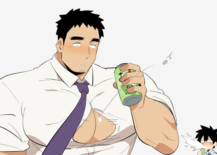2boys, alternate_pectoral_size, bad_id, bad_twitter_id, bara, blush, bursting_pectorals, can, collared_shirt, highres, holding, holding_can, kazama_souta, large_pectorals, male_focus, multiple_boys, muscular, muscular_male, necktie, pectoral_cleavage, pectorals, purple_necktie, salaryman, saturday_(hokawazu), senpai_ga_uzai_kouhai_no_hanashi, shirt, short_hair, sideburns, takeda_harumi, thick_eyebrows, upper_body, yaoi