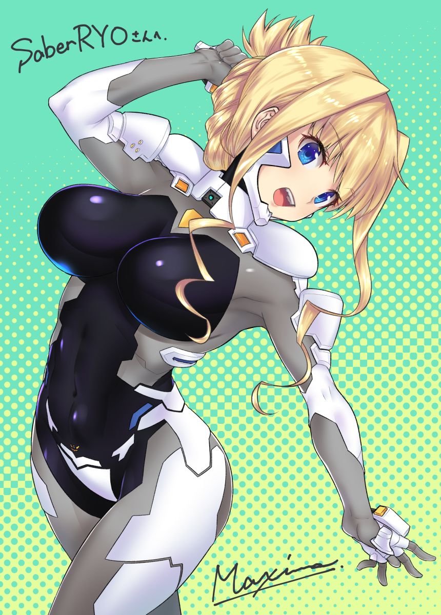1girl, blonde_hair, blue_eyes, bodysuit, breasts, clenched_hand, commission, covered_navel
