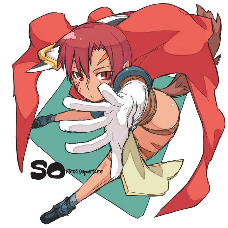 1girl, :<, copyright_name, dark-skinned_female, dark_skin, female_focus, foreshortening, gloves, jumping, knife, phia_mell, red_eyes, red_hair, rumie, scarf, short_hair, solo, star_ocean, star_ocean:_first_departure, tail, white_gloves