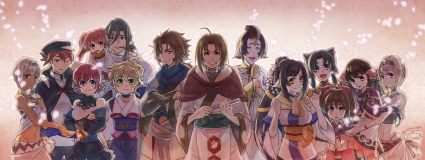 6+boys, 6+girls, absurdly_long_hair, age_difference, ahoge, ainu_clothes, animal_ears, aquaplus