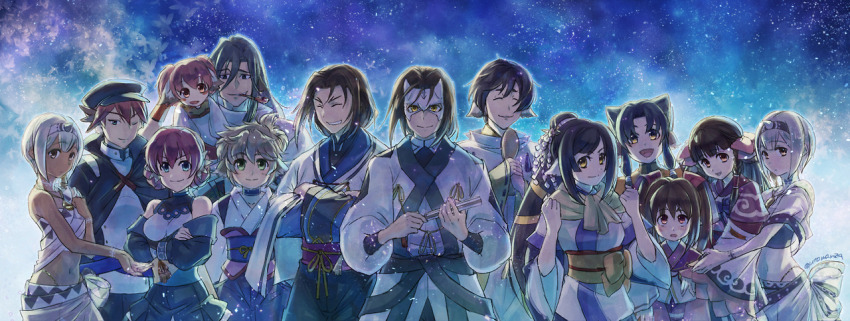 6+boys, 6+girls, absurdly_long_hair, age_difference, ahoge, ainu_clothes, animal_ears, aquaplus