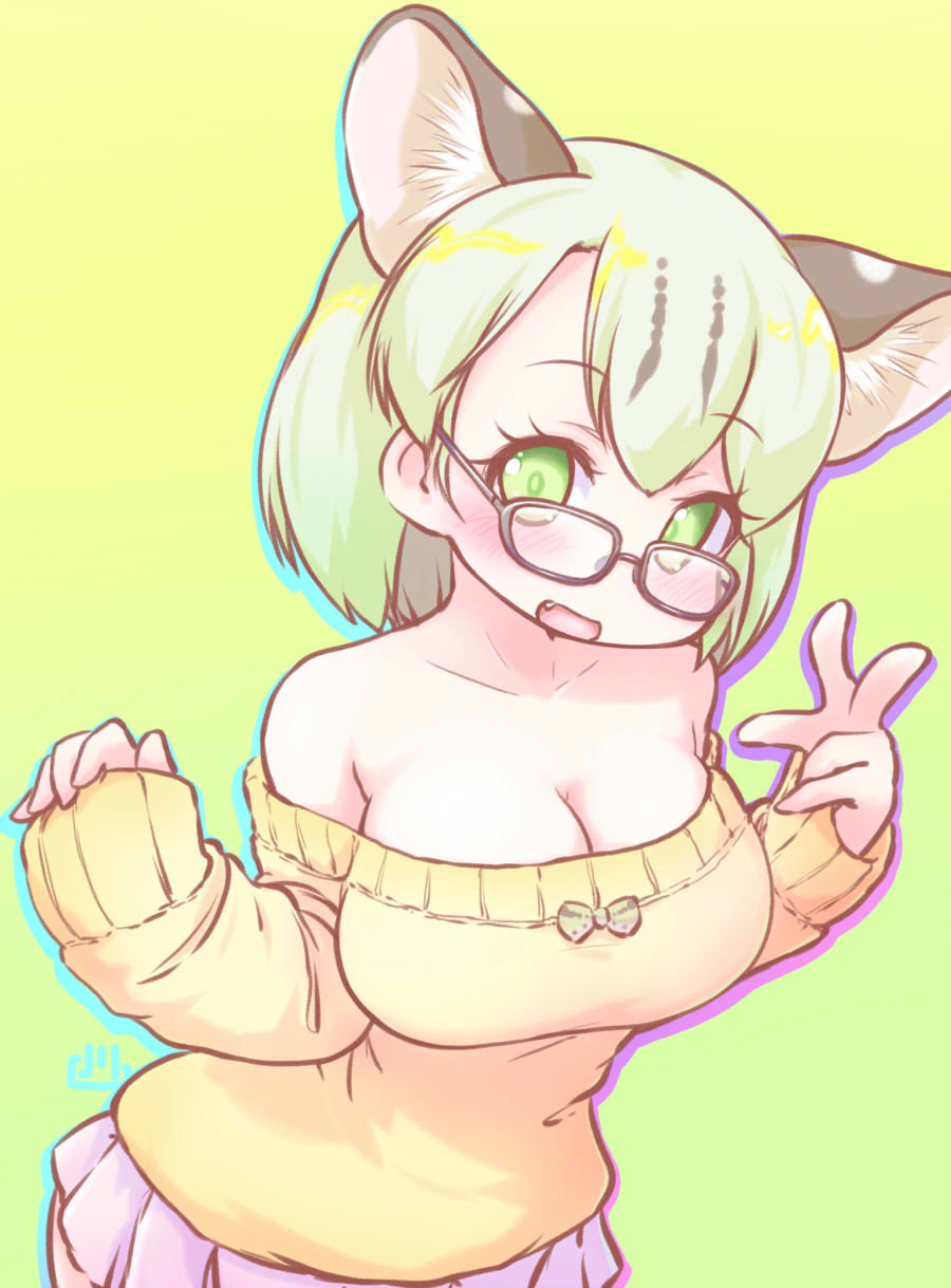 1girl, alternate_costume, animal_ears, animal_print, blush, breasts, cleavage, collarbone, eyelashes, fang, female_focus, glasses, green_background, green_eyes, green_hair, highres, kemono_friends, large_breasts, long_sleeves, looking_at_viewer, margay_(kemono_friends), margay_ears, no_bra, no_nose, missing_tail, off-shoulder_sweater, off_shoulder, open_mouth, pink_skirt, short_hair, simple_background, skirt, smile, solo, sweater, uho_(uhoyoshi-o), upper_body, yellow_sweater