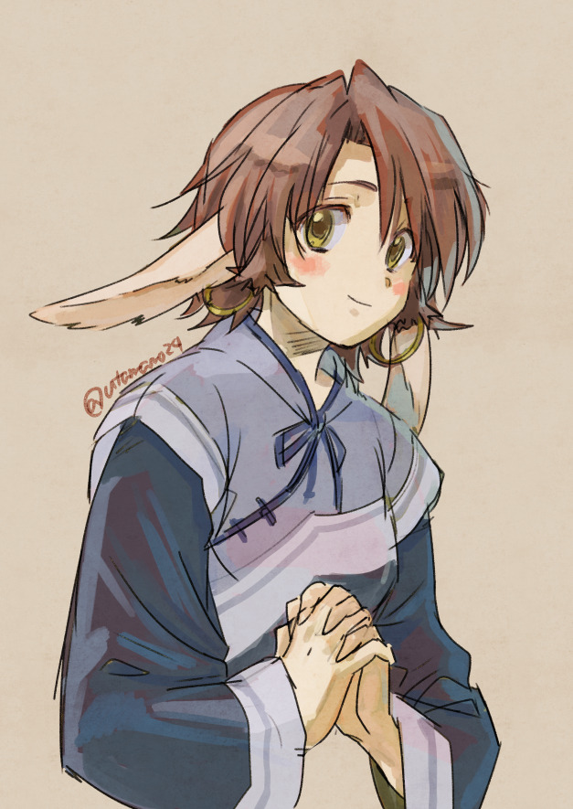 1girl, ainu_clothes, animal_ears, aquaplus, blush, breasts, brown_hair, closed_mouth, dress, earrings, jewelry, long_sleeves, looking_at_viewer, own_hands_clasped, sakuya_(utawarerumono), short_hair, sidelocks, signature, small_breasts, smile, solo, upper_body, utamaro24, utawarerumono, wide_sleeves, yellow_eyes