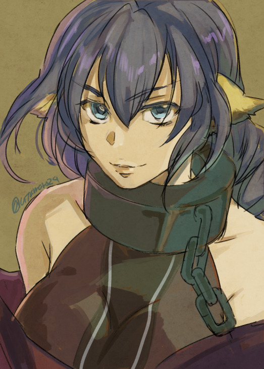 1girl, animal_ears, aquaplus, bare_shoulders, blue_eyes, blue_hair, braid, breasts, chain, closed_mouth, collar, collarbone, hair_between_eyes, karulau, large_breasts, leotard, leotard_under_clothes, lips, long_hair, looking_at_viewer, off_shoulder, sidelocks, signature, single_braid, sleeveless, solo, upper_body, utamaro24, utawarerumono, wavy_hair