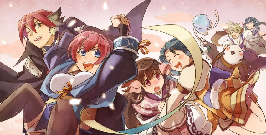 3boys, 3girls, ainu_clothes, animal, animal_ears, aqua_eyes, aquaplus, atuy