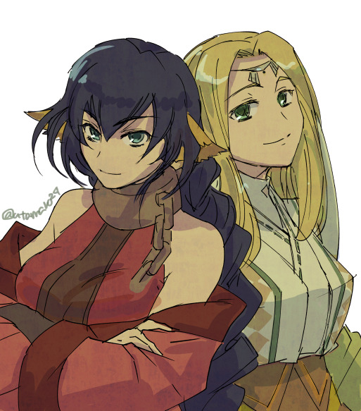 2girls, ainu_clothes, animal_ears, aqua_eyes, aquaplus, arms_under_breasts, bare_shoulders, blonde_hair