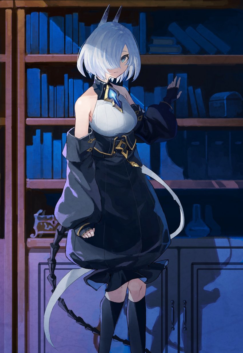 1girl, alchemy_stars, bethel_(alchemy_stars), black_footwear, black_gloves, black_skirt, blue_eyes, book