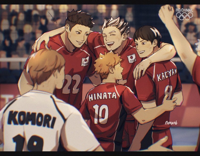 6+boys, artist_name, black_eyes, black_hair, blurry, blurry_foreground, bokuto_koutarou, brown_hair