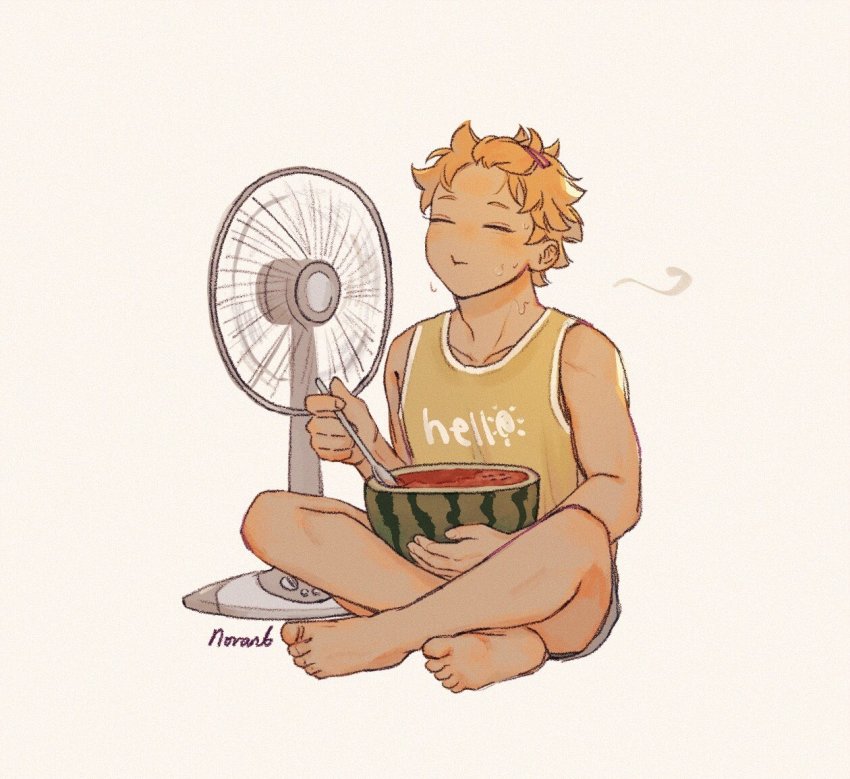 1boy, adam's_apple, artist_name, bangs_pinned_back, barefoot, collarbone, curly_hair, eating