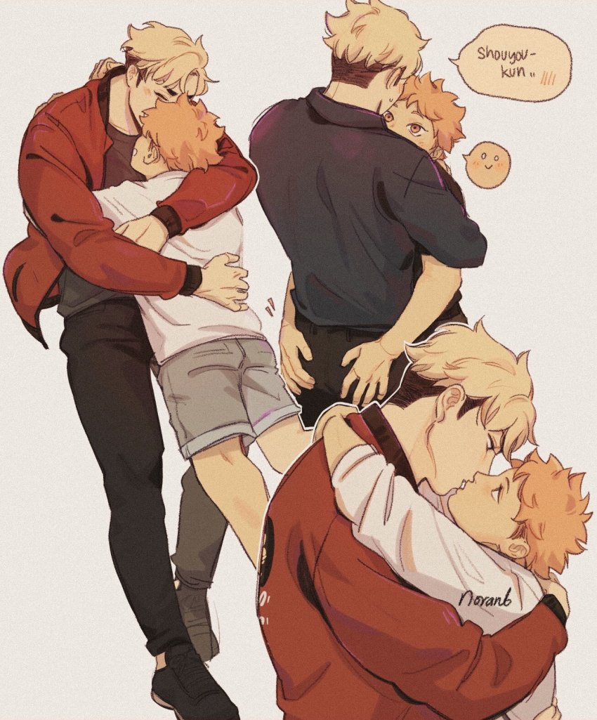 2boys, black_hair, blonde_hair, blush, brown_eyes, character_name, couple, curly_hair