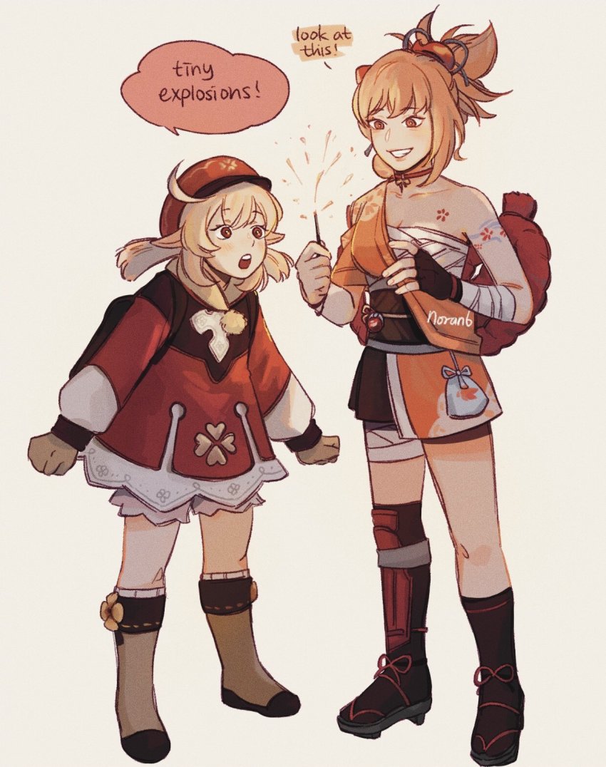 !, 2girls, arm_tattoo, backpack, bag, bandaged_arm, bandages, black_gloves