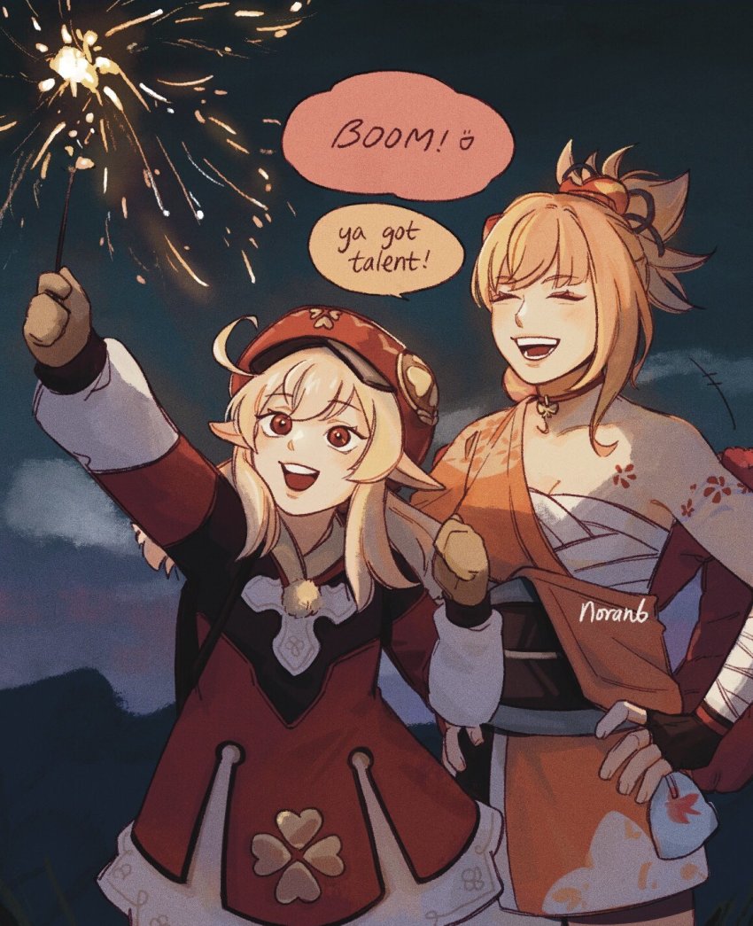 2girls, arm_tattoo, bandaged_arm, bandages, bare_shoulders, black_gloves, blonde_hair, chest_tattoo